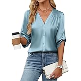 Blooming Jelly Womens Button Down Shirts 3/4 Sleeve Dressy Casual Tops Pleated Satin Silk Business Blouses 2026