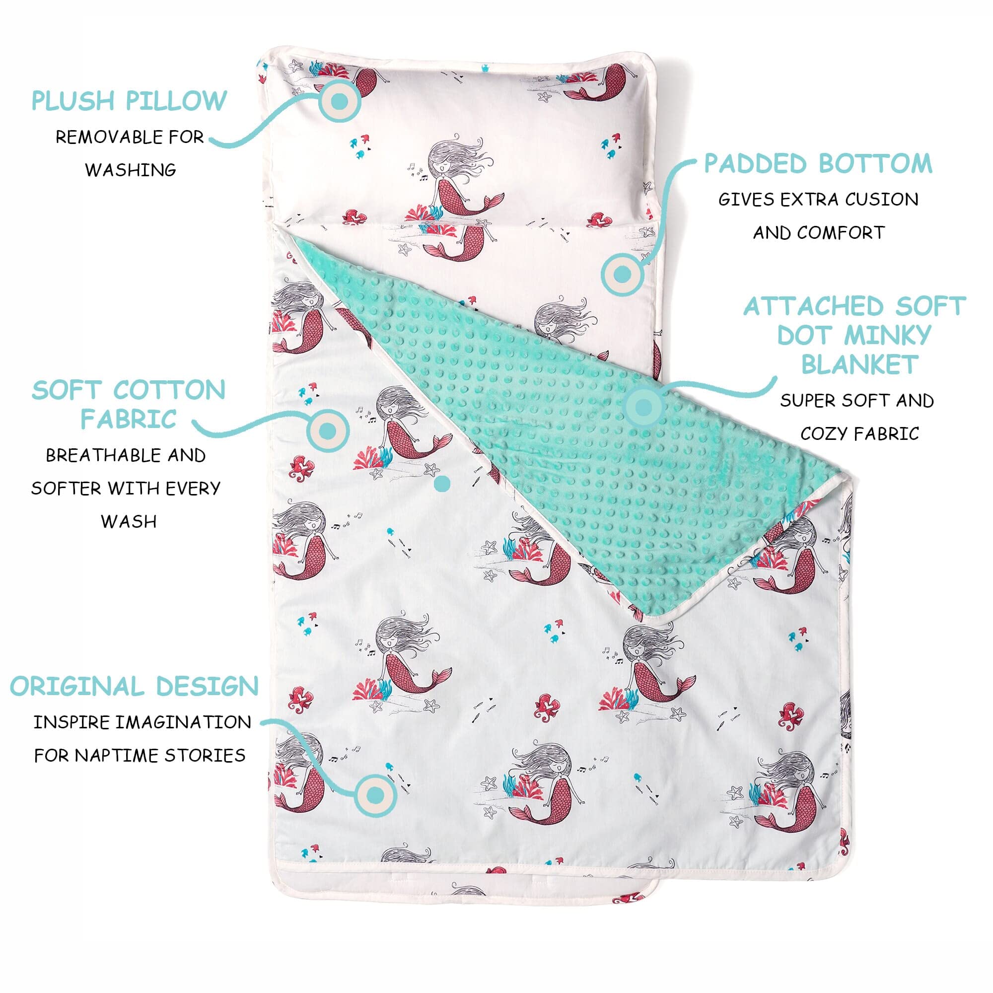 JumpOff Jo - Toddler Nap Mat - Sleeping Bag for Kids with Removable Pillow and Ultra Soft Blanket for Preschool, Daycare, and Sleepovers - Mermaids