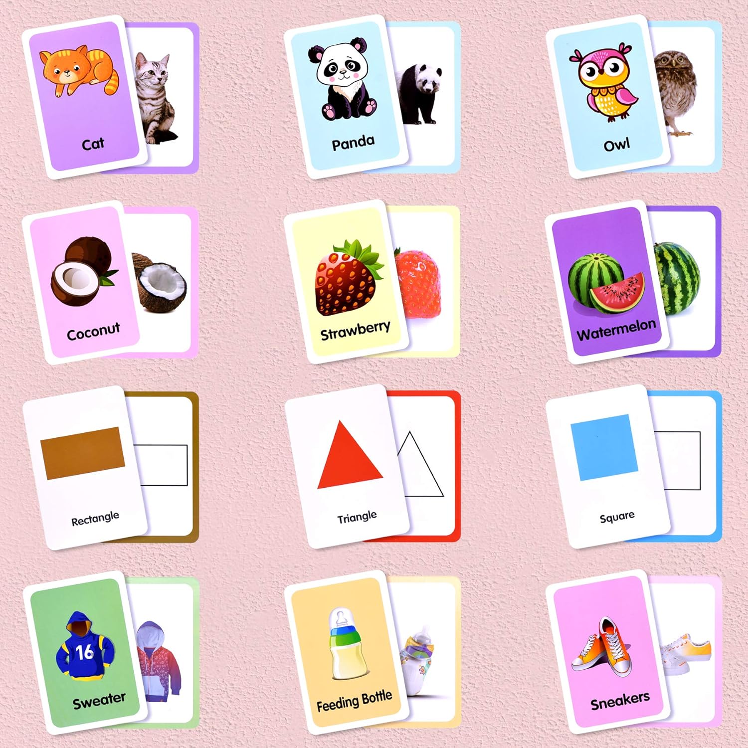 Conzy Flash Cards for Toddlers 2 3 4 5 6 Years, Sets of 6 - ABC Alphabet, Number, Shape and Color, Fruit, Animal, Necessities, Great Value Pack First Words Flash Cards for Kindergarten or Preschool