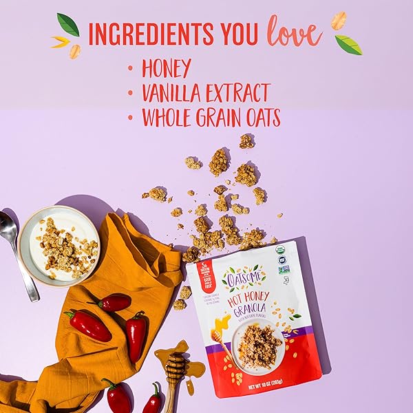 OATSOME HOT HONEY GRANOLA, 5G PROTEIN, GLUTEN FREE, MADE WITH REAL HONEY, WHOLE GRAIN ORGANIC OATS & CHILI PEPPER FLAVOR, FOR PROTEIN SNACKS CEREALS BREAKFAST YOGURT, 10 OZ BAG