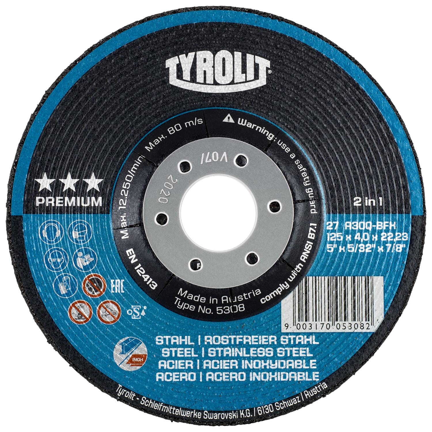 Tyrolit 5308 Premium Comfort Start 2-in-1 Grinding Disc for Stainless Steel for Angle Grinders-125 x 4.0 x 22.23 mm (Pack of 10)