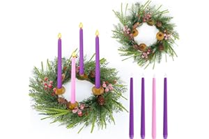 YLOLUL 5 PCS Christmas Advent Wreath with Candles Holder Norfolk Pine Red Berries Cedar Snowy Pine Needles Wreath Christmas Advent Candles for Home Fireplace Church Centerpiece Table School Fireplace Decor