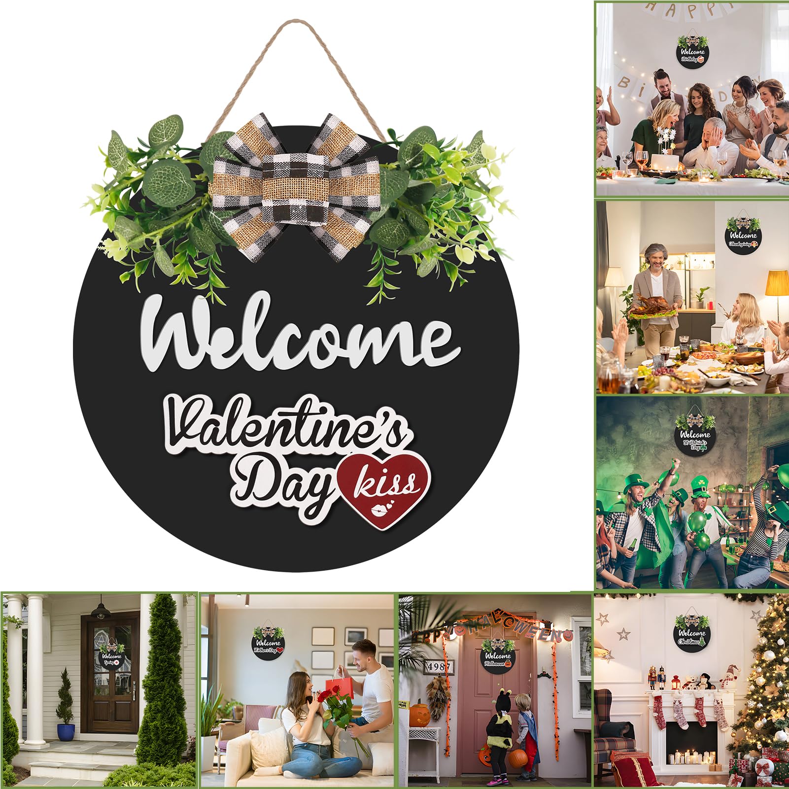 Photo 1 of RoseCraft Interchangeable Wooden Seasonal Black Welcome Sign, Rustic Welcome Front Door Wreaths for Home Wall Porch Decor, for Easter Spring Summer Fall Halloween Christmas All Season Decorations.