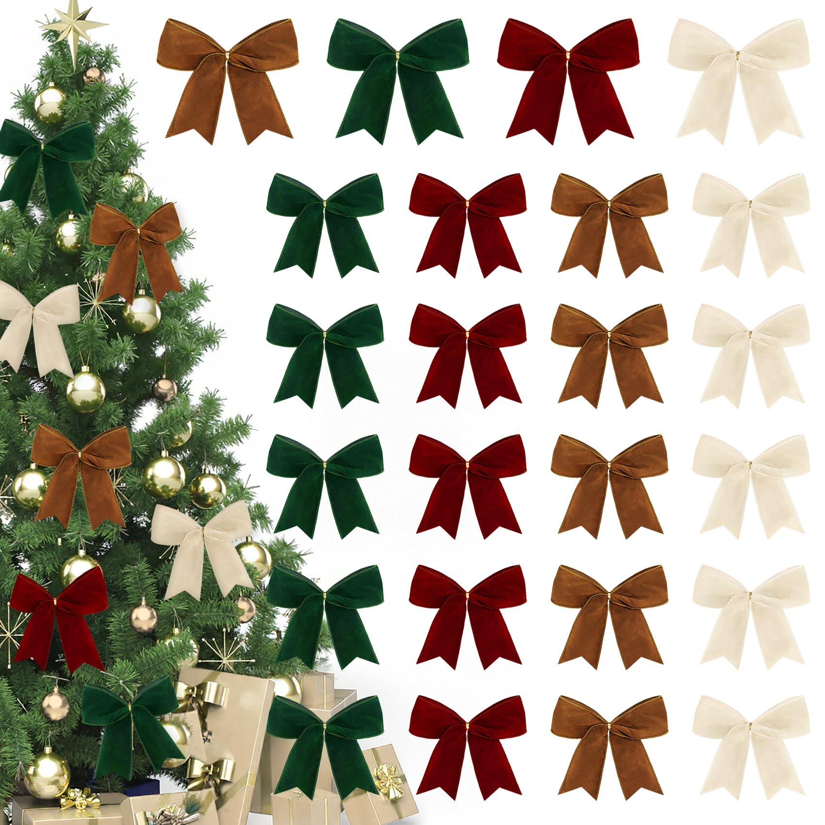 Photo 1 of 24 Pcs Velvet Bows for Christmas Tree, 6 Inch Rustic Vintage Velvet Christmas Ribbon Bows Ornaments for Xmas Tree Garland Wreaths DIY Crafts Gifts Wrapping Holiday Home Party Decorations