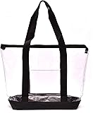 Clear Tote Bag - Top Zipper Closure, Long Shoulder Strap and Attractive Fabric Trimming. Perfect Transparent Travel Tote for all Places and Events where Clear Bags are Required. (Black)