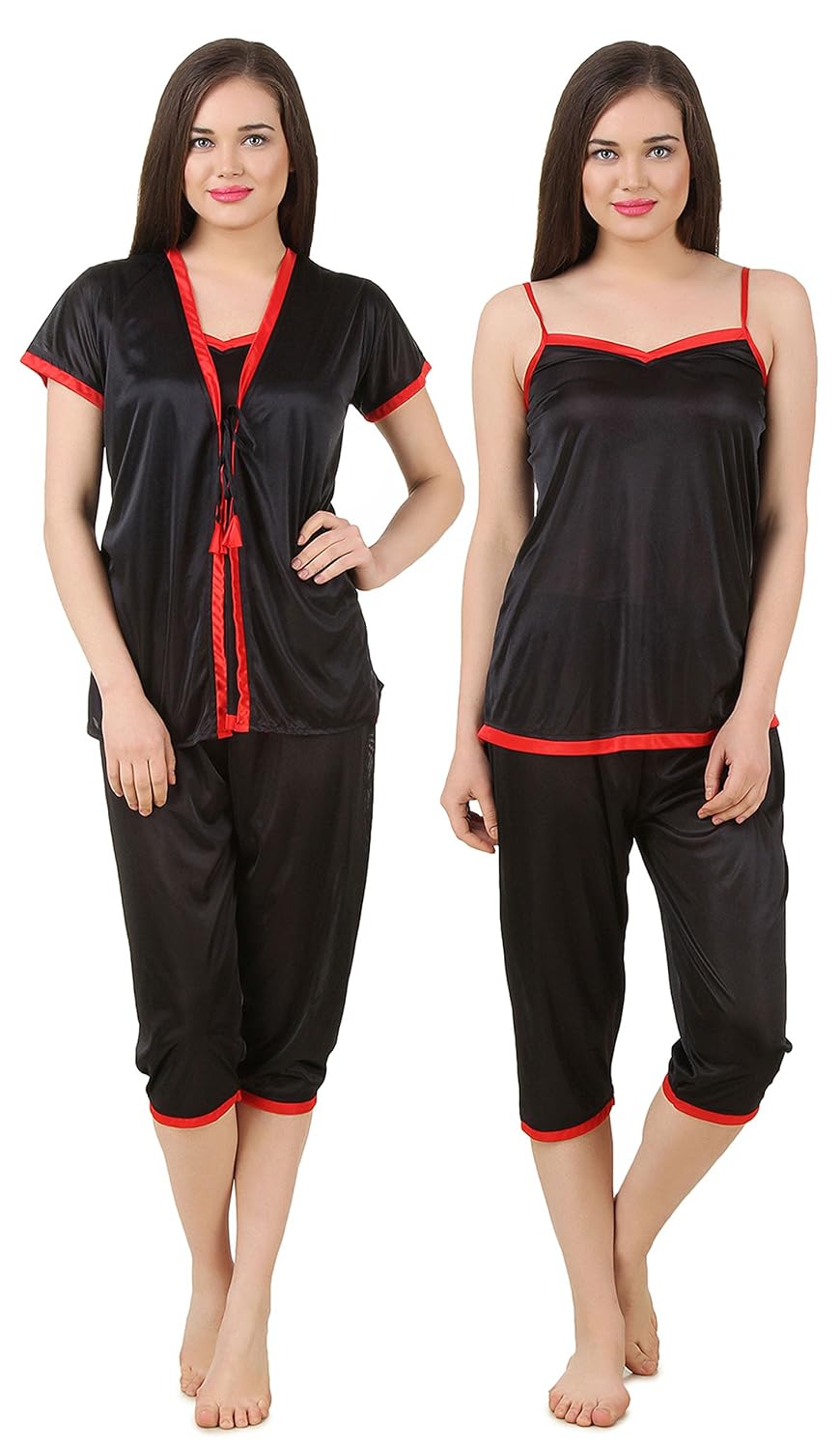 fasense exclusive women satin nightwear sleepwear 3 pc set of short wrap gown, top & capry dp176