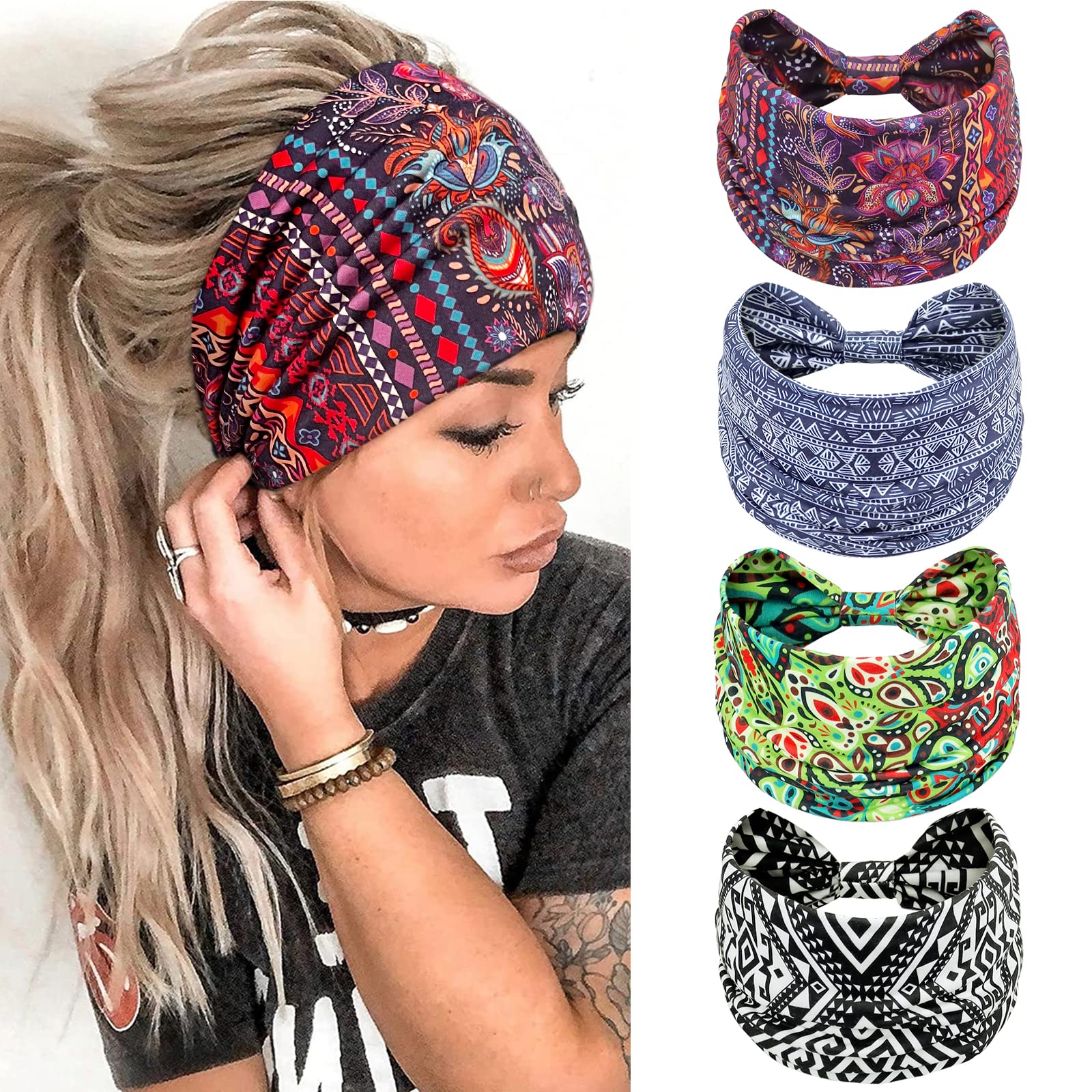 Kavya Head Scarfs for Women, Elastic Soft Boho Headband Flower Leopard Yoga Sport Hairbands, Headbands For Women's Hair(K), L (Pack of 4) — image 1