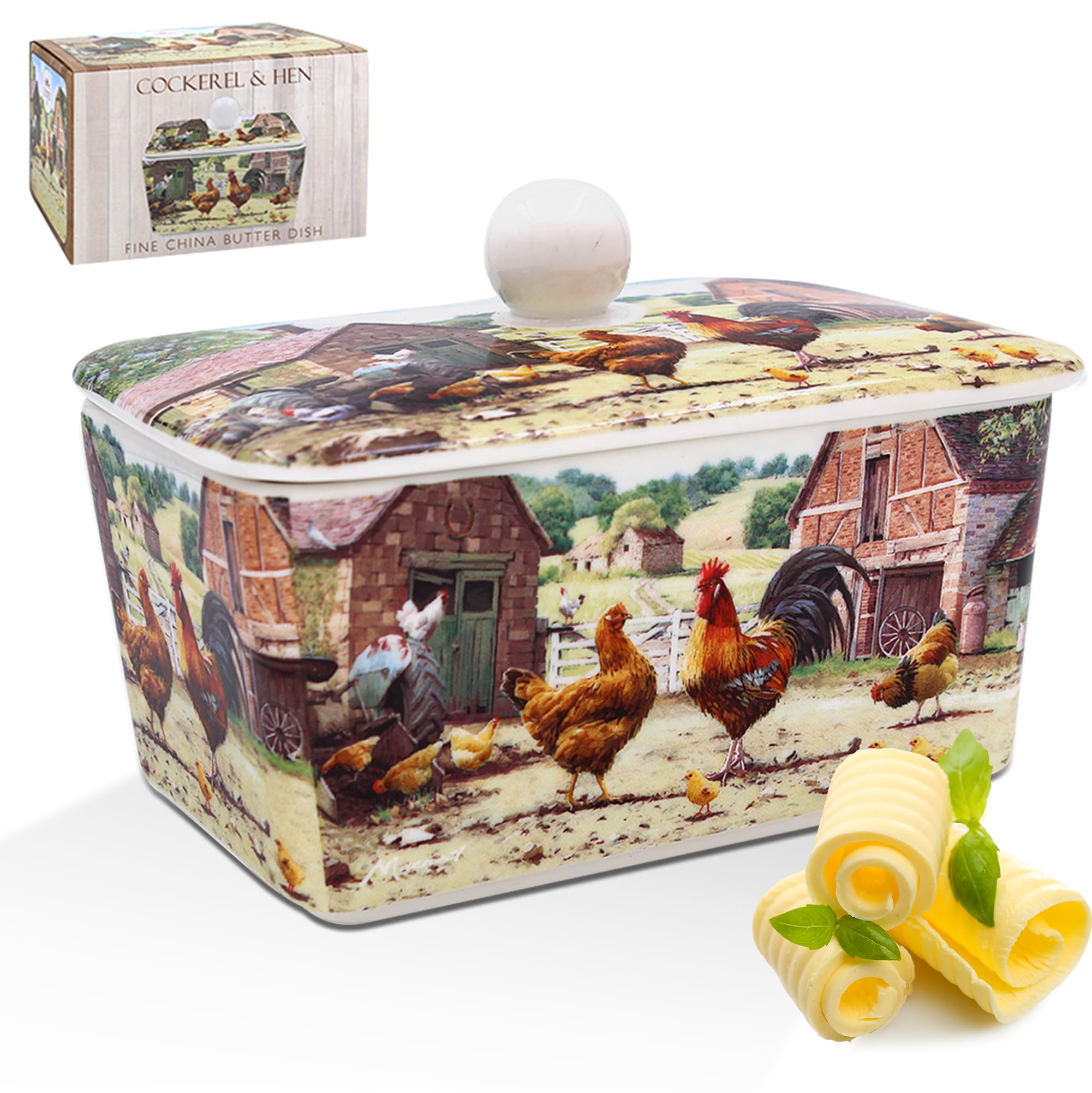 The Leonardo Collection Macneil Studios Cockerel & Hen Butter Dish | British Designed for Kitchen Use | Large Butter Dish for All Kitchens | Perfect for Daily Use
