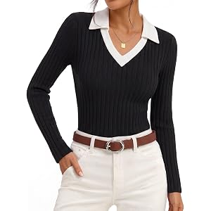 GRACE KARIN 2026 Women's Long Sleeve Polo Shirts V Neck Collared Ribbed Knit Slim Fit Business Casual Work Office Tops