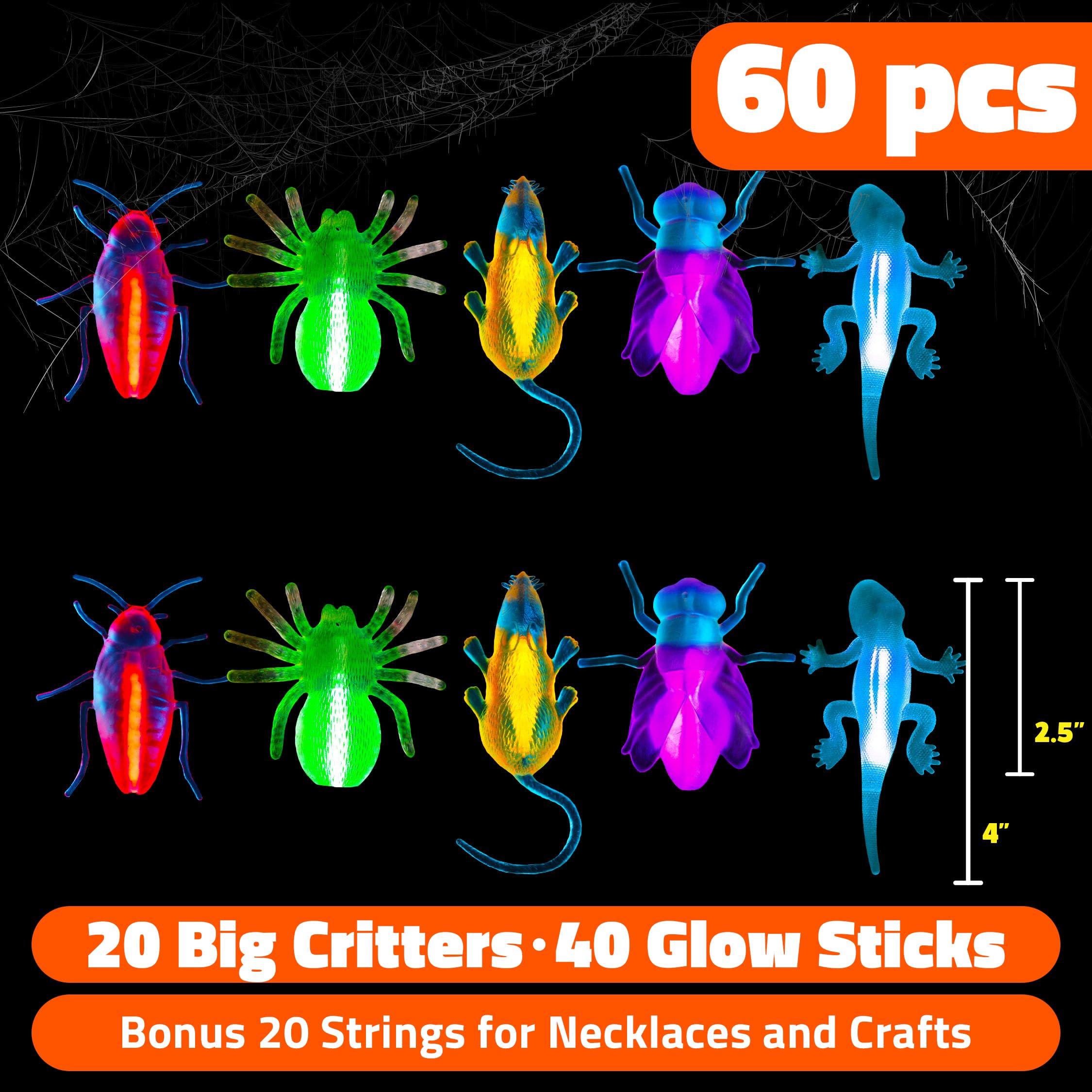 PartySticks Glow Critters and Halloween Trick or Treat Glow Skeletons and Pumpkins - Glow Sticks Party Favors - Glow in The Dark Party Supplies - 60 Count - Clear
