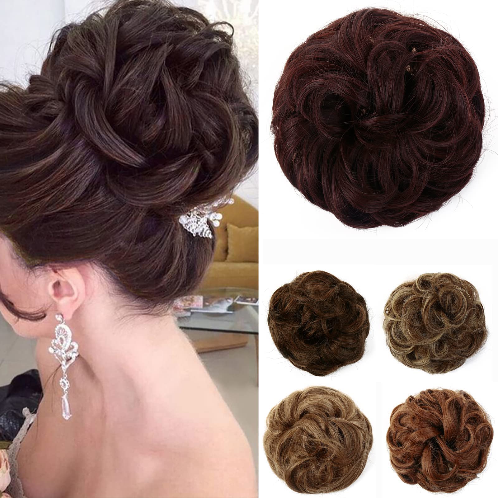 JJstar Messy Hair Bun Curly Wavy Hair Scrunchies Accessories Pieces for Women Girls Synthetic Chignons (Chestnut Brown)