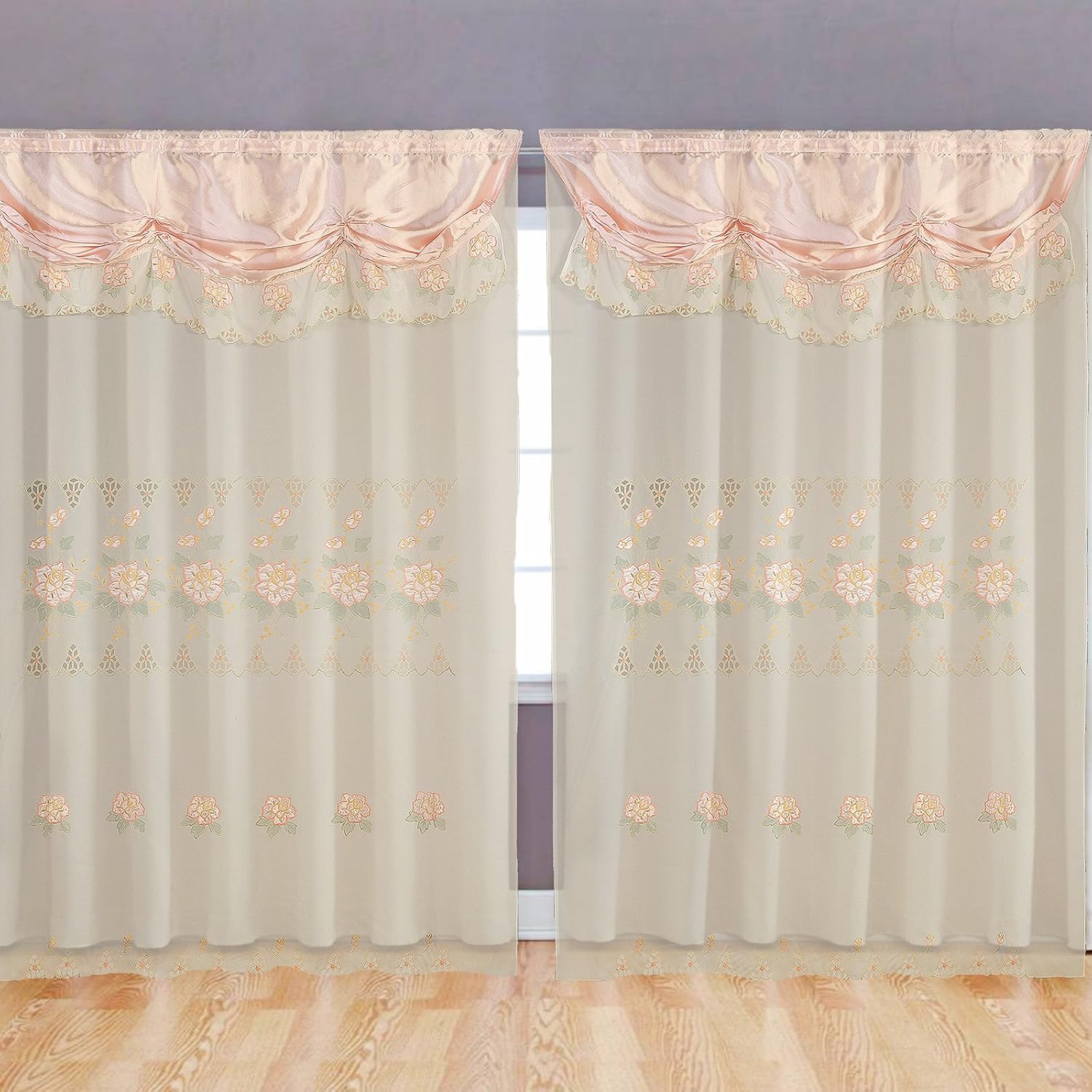 Amazon Com Altotux Peach Pink Room Decor Embroidery Sheer Valence