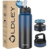 Oldley Insulated Water Bottle 20oz Water Bottles with Straw, Stainless Steel Water Bottle with 3 Lids, Double Wall Vacuum Bottles for Adult Kids, Sports Bottles for School Travel,Blue-black