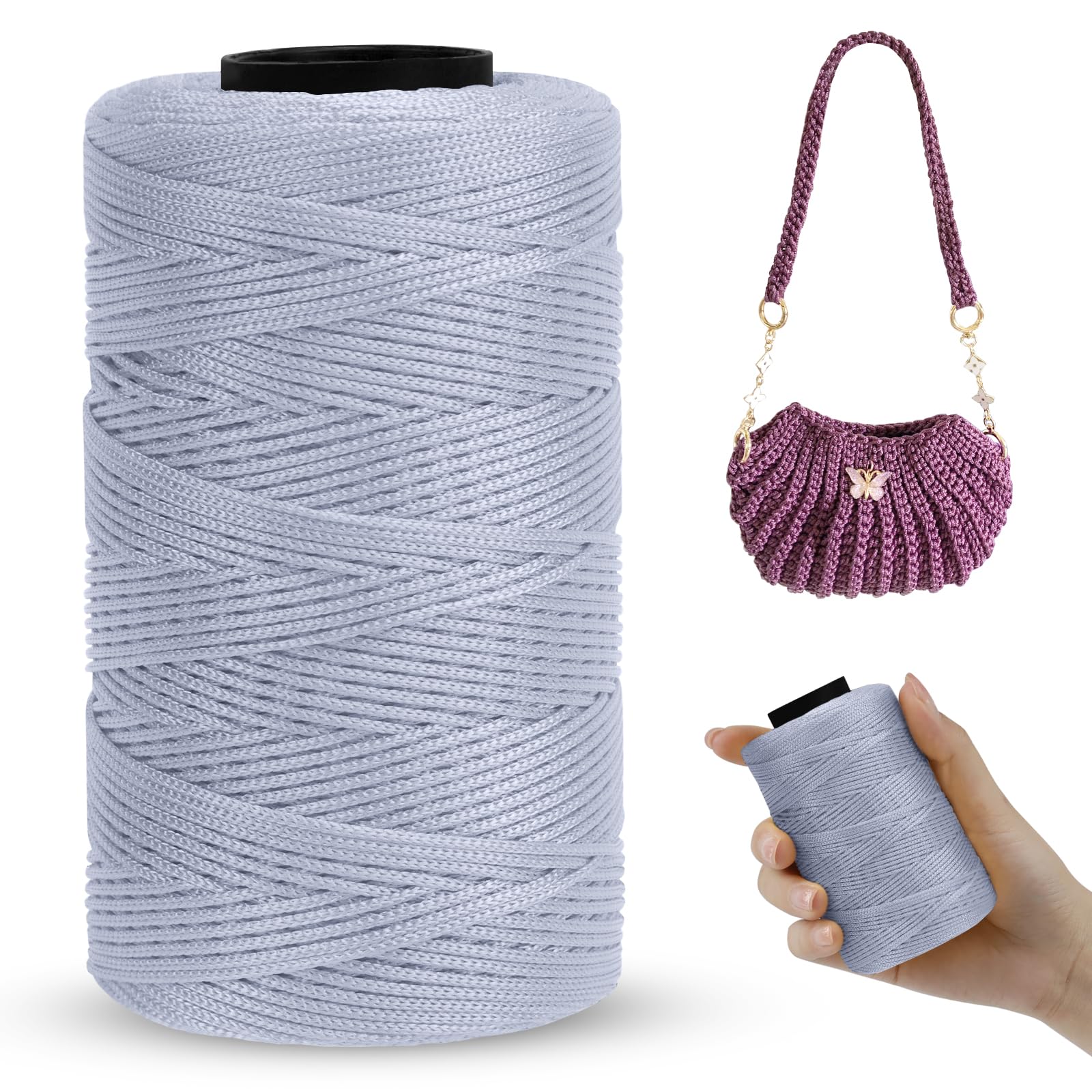 LEREATI Polyester Macrame Cord 1mm x 230m, Polyester Yarn for Crocheting, Braided Polypropylene Crochet Bag Cord Macrame Yarn for Handbag, Beading, DIY Crafts (Silver Gray)