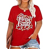 Christmas Plus Size Shirt Women Merry and Bright Tops Holiday Shirt Women Oversized Xmas Tee Fall Tops