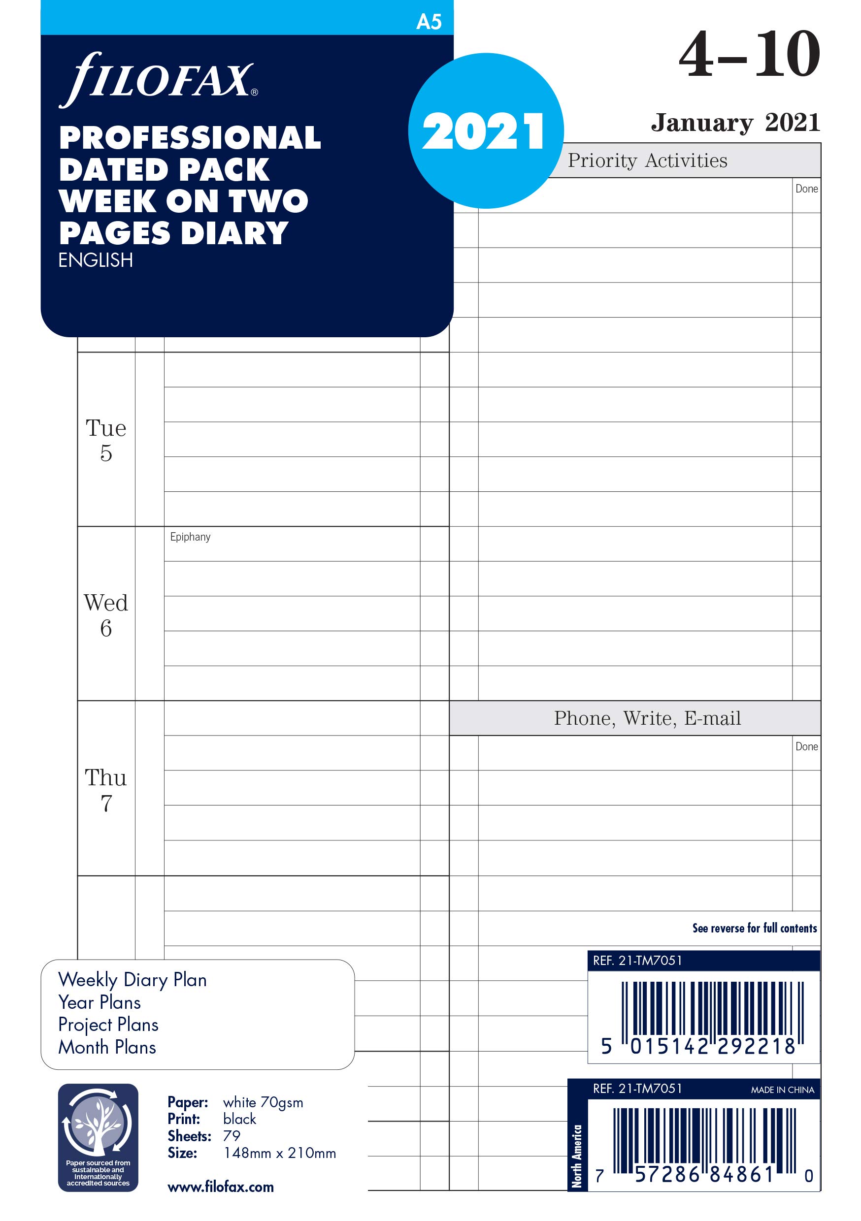 Filofax A5 Professional Week to View 2021 Diary 21-TM7051