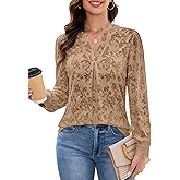 Blooming Jelly Womens Dressy Casual Blouses Business Long Sleeve Tops Jacquard V Neck Work Shirts Fall Fashion Clothes