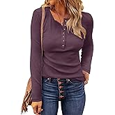 WNEEDU Women's Waffle Knit Tops Casual Long Sleeve Blouses Slim Fit Button Down V Neck Henley Shirt