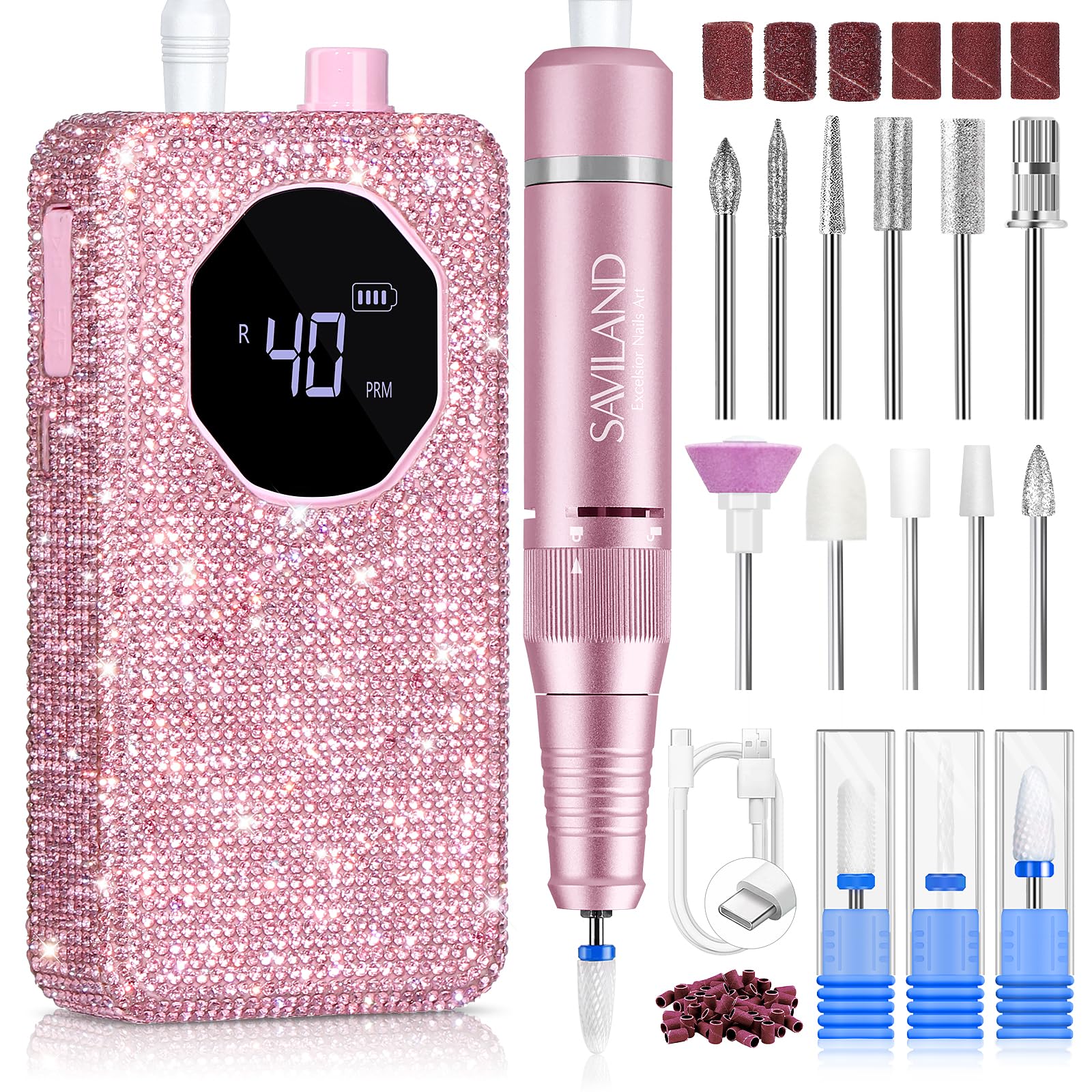 SAVILAND Professional Nail Drill 40000 RPM: Portable Diamond Nail Drill Kit Rechargeable 4000 mAh Electric Nail File for Thick Acrylic Nails with Ceramic Nail D rill Bits Sanding Bands Nail Tech Salon