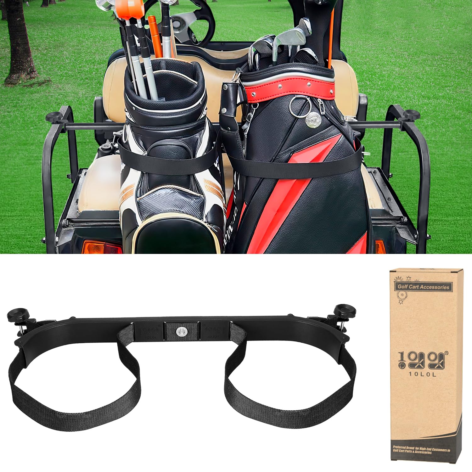 Photo 1 of 10L0L Upgraded Golf Bag Stand Attachment, Adjustable Rear Cart Bag Holder for Yamaha, EZGO and Club Car, No-Drilling Required Club Rack with Etra Strap