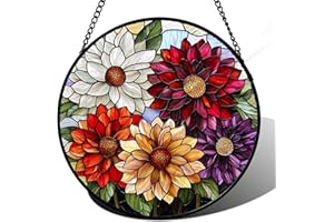 AMDERVEN Stained Glass Window Hanging, Colorful Flowers Sun Catcher for Window Door Home Decor Plant Suncatcher Christmas Mother's Day Birthday Gifts for Women Men Mom and Nana 7.8 in