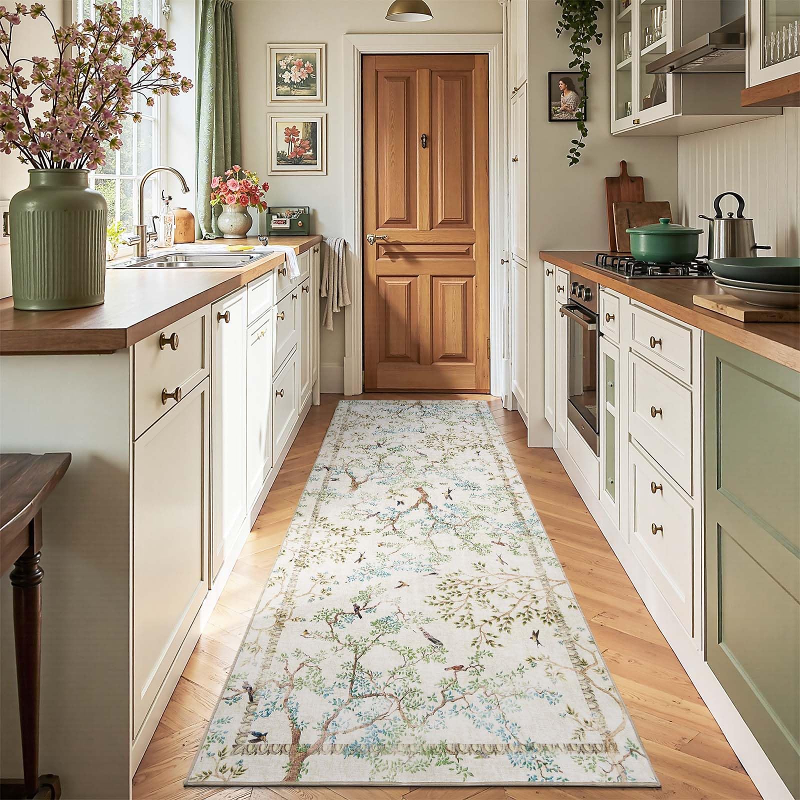 Photo 1 of jinchan Ivory Botanical Birds 3x10 Runner Rug for Hallway Washable Non Slip Soft Nature Plants Modern Kitchen Runner Carpet Vintage Ultra Thin Low Pile Rug for Entryway Living Room Kitchen Laundry