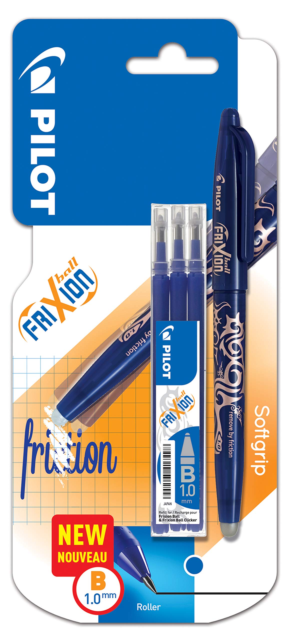 Pilot Frixion Ball Erasable Rollerball 1.0mm Tip Broad + 3 Refills, Blue,3131910536871