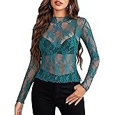 Avidlove Women's Mesh Top Long Sleeve Mock Neck Sheer Blouse See Through Floral Lace Tops