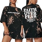 BANGELY Faith Over Fear Shirt Women Graphic Shirts Oversized Workout Gym Christian Religious Tees Drop Shoulder Tee Tops