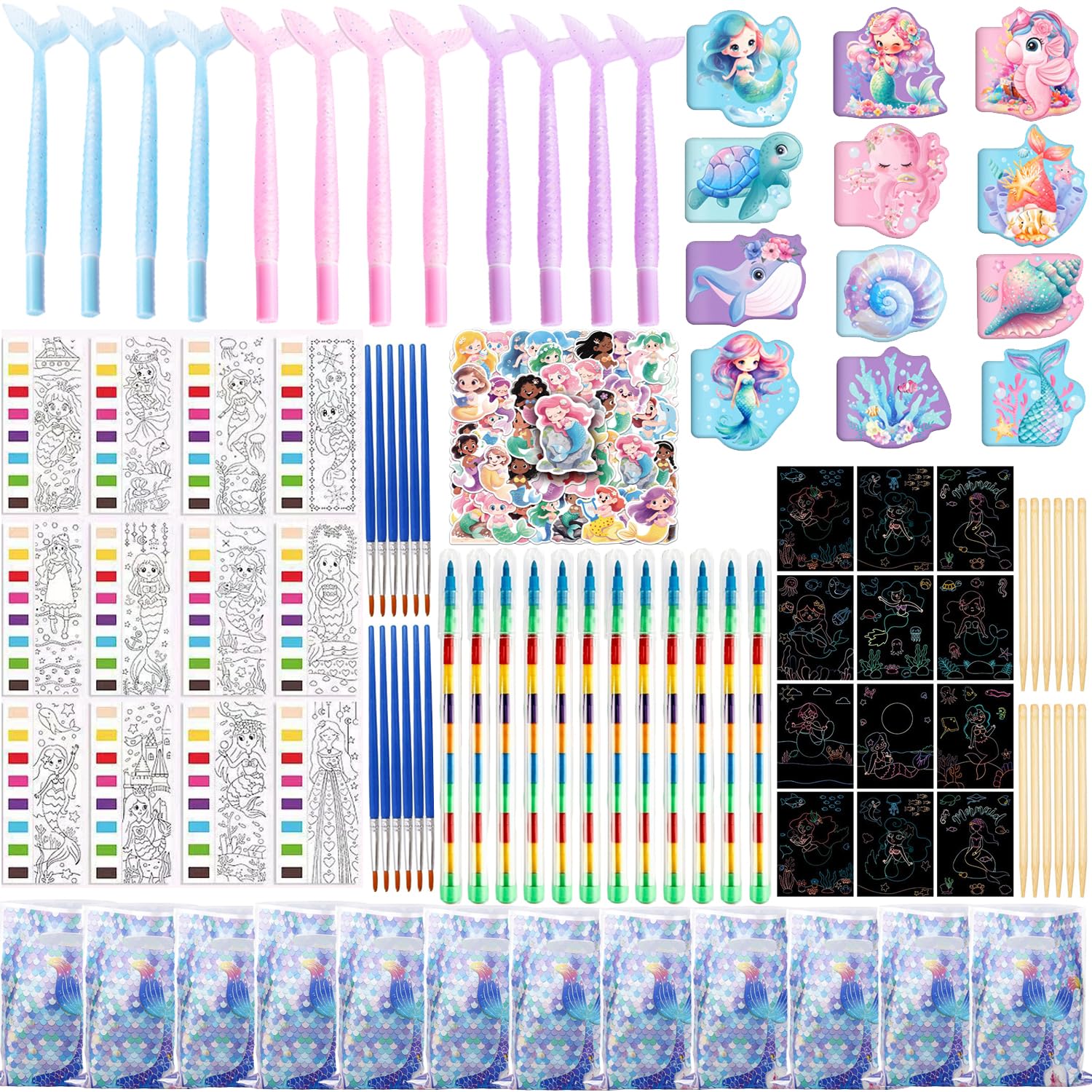Augweyang Mermaid Birthday Party Gifts Stationery Supplies Set with Pens, Notebooks, Water Coloring Cards, Crayons, Scratch Paper, Stickers for 12 Guests Goodie Bags Fillers Rewards