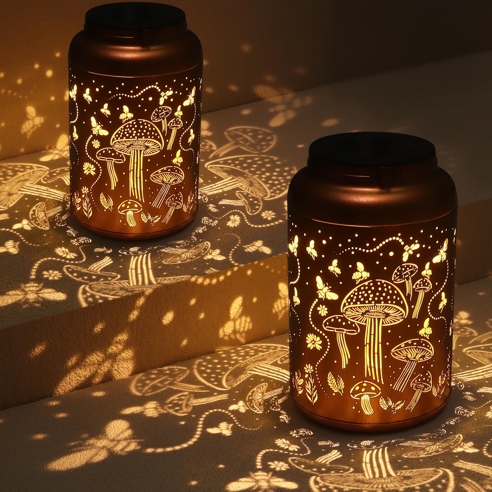 2 Pack Solar Lanterns Outdoor Waterproof, Mushroom Garden Decor Gifts for Women Mom Grandma Hanging Solar Lights Metal Solar Decoration Outside LED Lanterns for Yard, Patio, Lawn Image