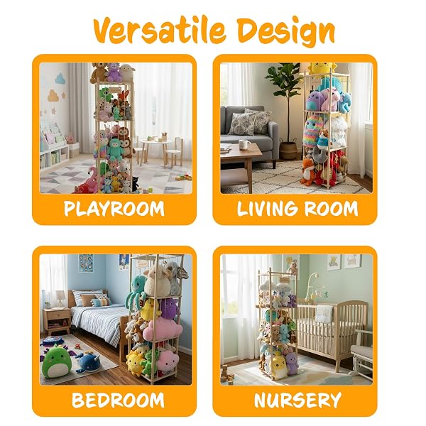 54-INCH TALL STUFFED ANIMAL STORAGE ORGANIZER – PREMIUM WOODEN PLUSH TOY HOLDER ZOO, LARGE TOY STORAGE TOWER WITH ELASTIC ROPE & SIDE STORAGE BAG FOR KIDS ROOM, NURSERY, PLAYROOM, CORNER (SPRINOAK)