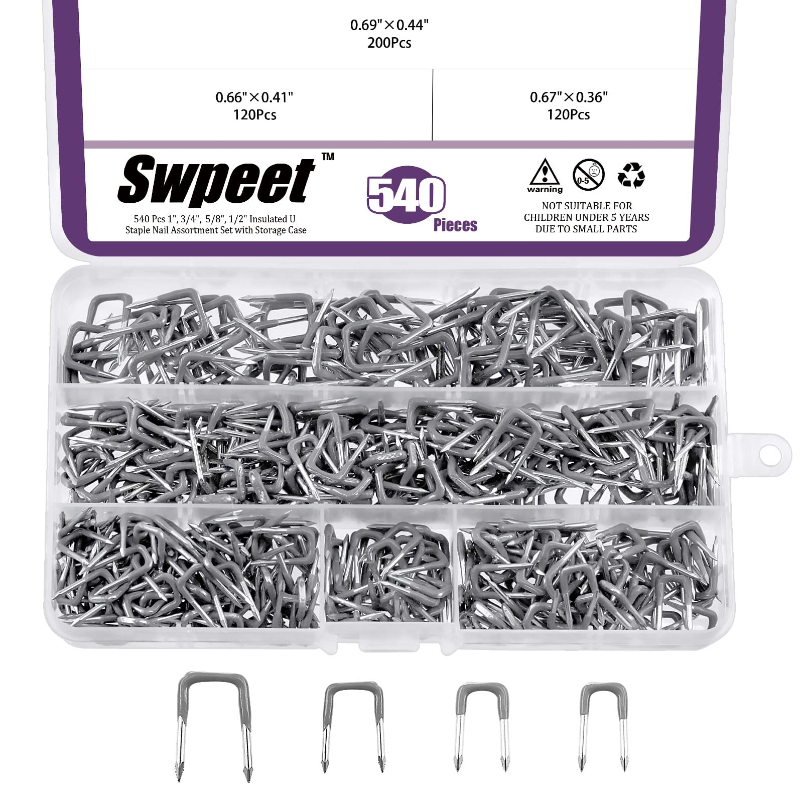 Swpeet 540Pcs 5 Sizes 0.36" 0.41" 0.44“ 0.56" Insulated U Staple Nail Assortment Kit, Different Sizes Metal Cable Staple Perfect for Wood Fixing Wires Cables