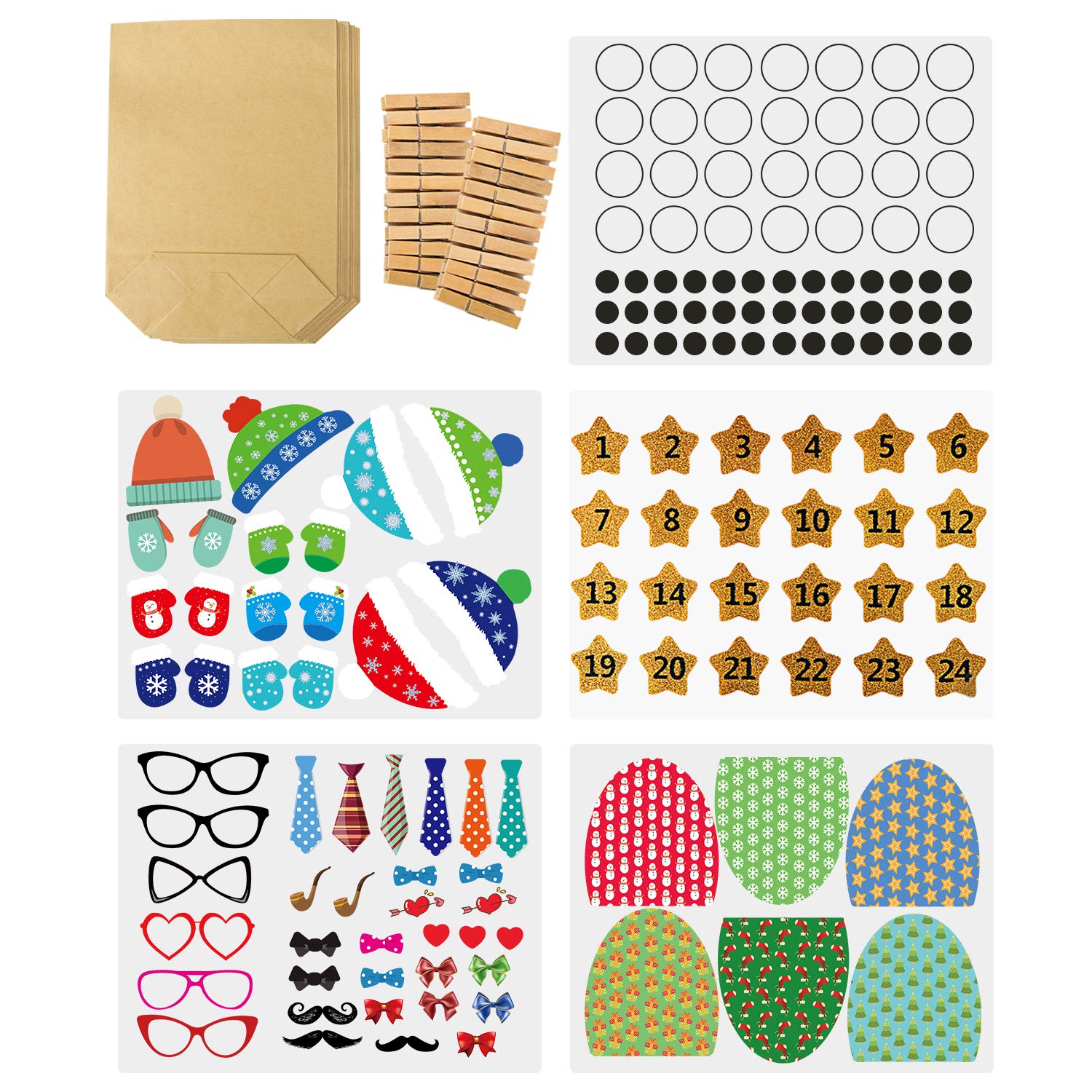 Adventskalender zum Befüllen-24 adventskalender tüten+Adventskalender Zahlen+24 Mini Holzklammern als geschenktüten-Weihnachten zum Basteln und Befüllen