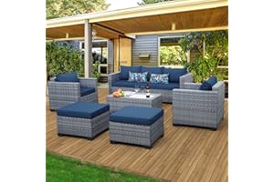 Lviden 6 Pieces Wicker Patio Furniture Sets Outdoor Conversation Set PE Rattan Sectional Sofa Couch with Storage Table and Royal Blue Cushions