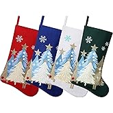 SIRIPHUM 19.5 Inch Canvas Christmas Stockings, Glittering Christmas Tree Printed Holiday Decor for Fireplace, Family Party Holiday Decorations and Xmas Gifts (Set of 4)