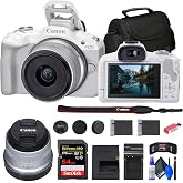Canon EOS R50 with 18-45mm Lens &amp; Card Reader (5812C012) (White) Bundle | For Photography &amp; Video | Mirrorless Camera + 64GB Memory Card + Cleaning Kit + Memory Wallet + Charger + Battery