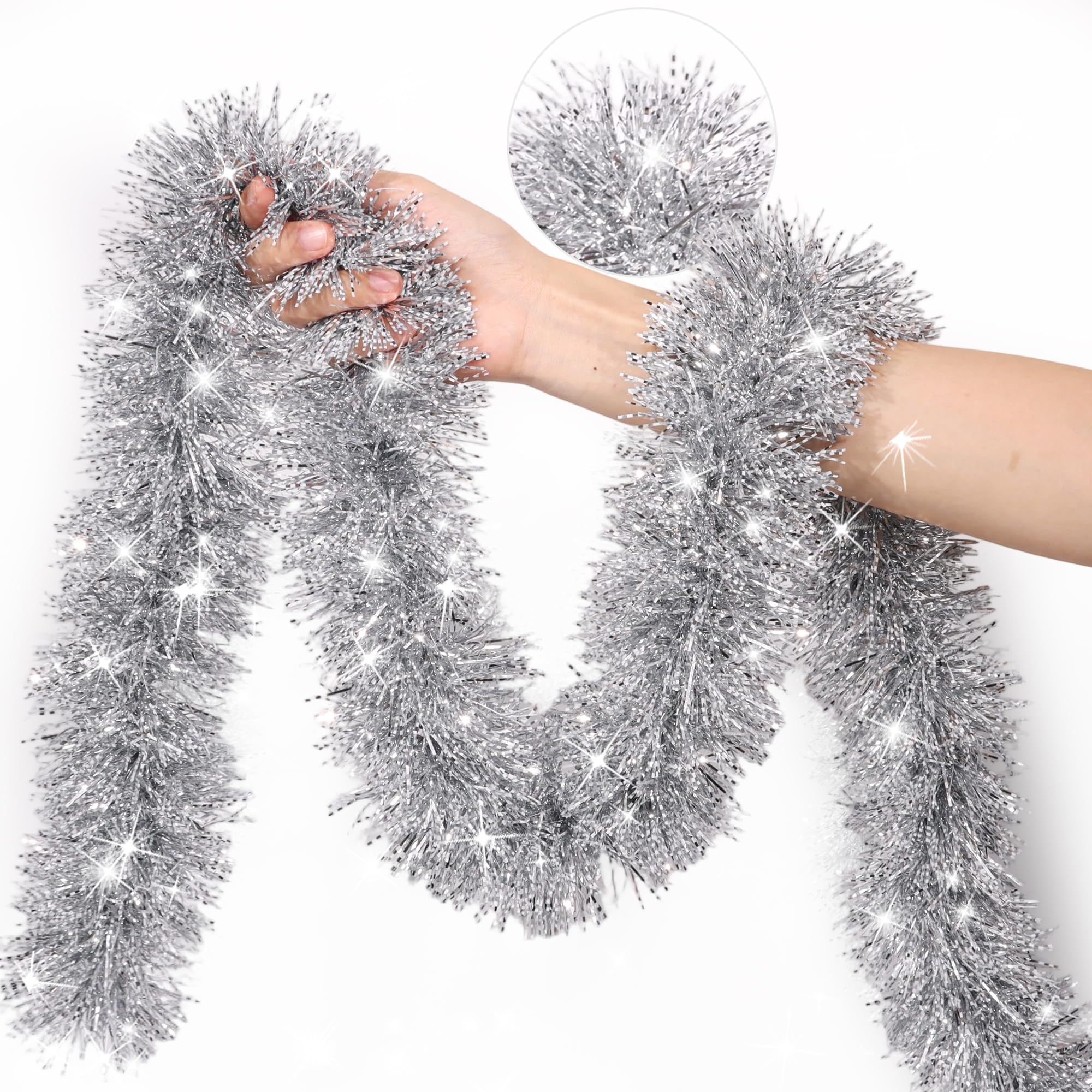 Photo 1 of 50 Feet Silver Christmas Tinsel Garland for Christmas Tree Decorations, Xmas Metallic Twist Shiny Hanging Garland Decor for Mantle Stairs Fireplace Home Holiday Indoor Outdoor