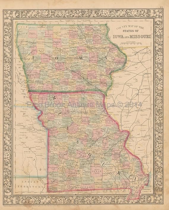 Iowa Missouri Antique Map Mitchell 1866 Original Decor ...