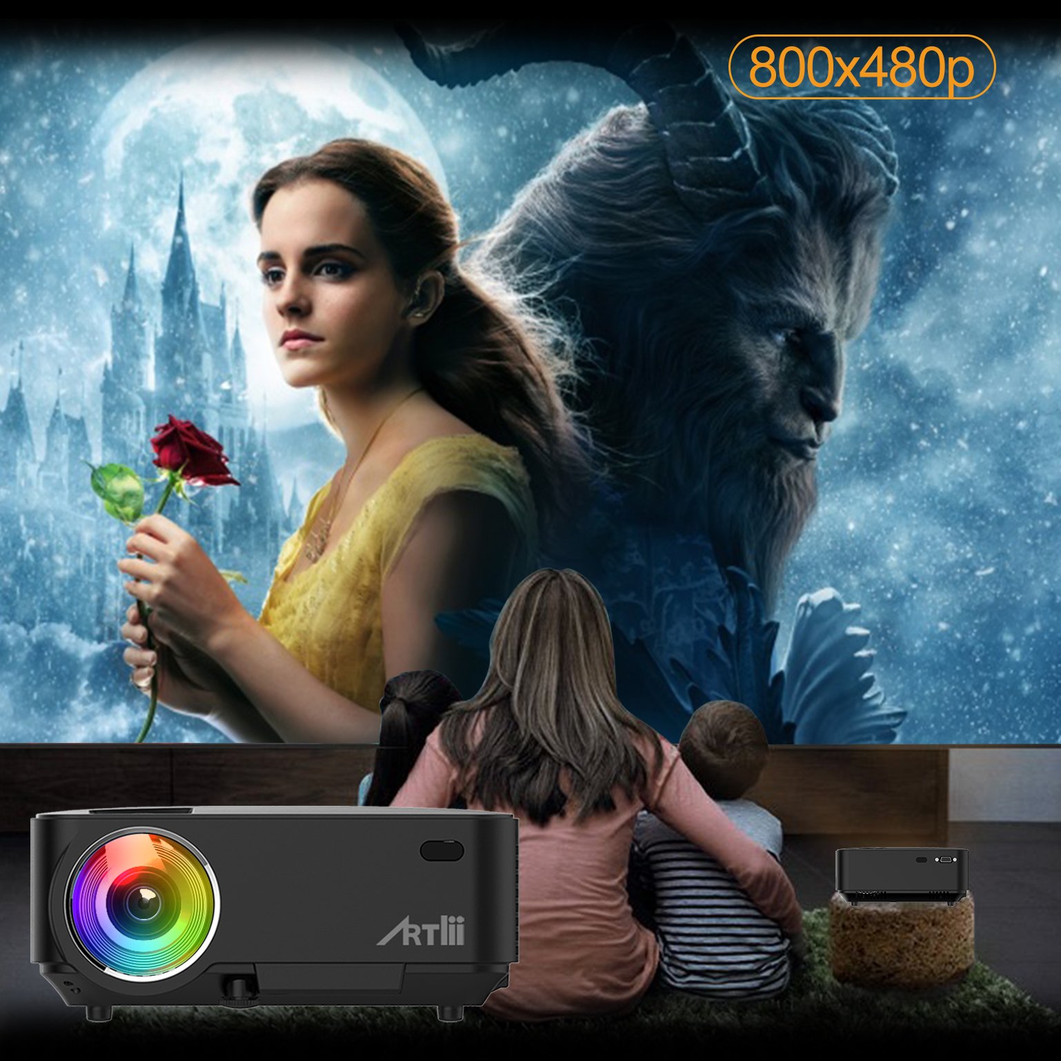 Artlii Proyector Portátil, Mini Proyector 2000 Lúmenes, soporta 1080p Full HD,con HDMI, USB, SD, AV, VGA e Interfaz de Auriculares, Conectar Tablets, TV Stick, Disco Duro, PS4, Xbox y Más - Negro