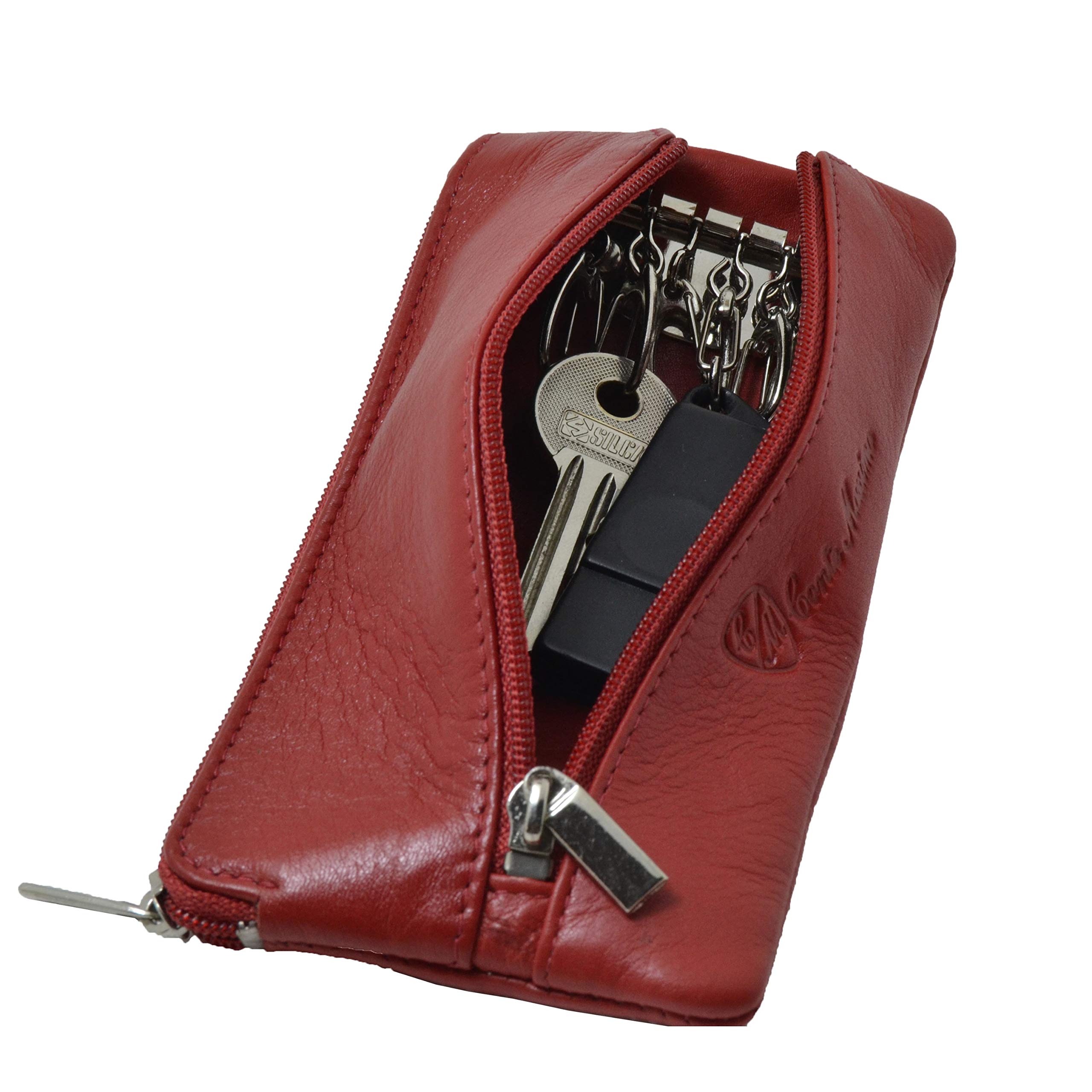 CM Conte Massimo Genuine Leather Key Case Wallet for Men and Women, Double Zipper Pouch with 6 Hooks and Coin Pocket, Gift Box Included, Red