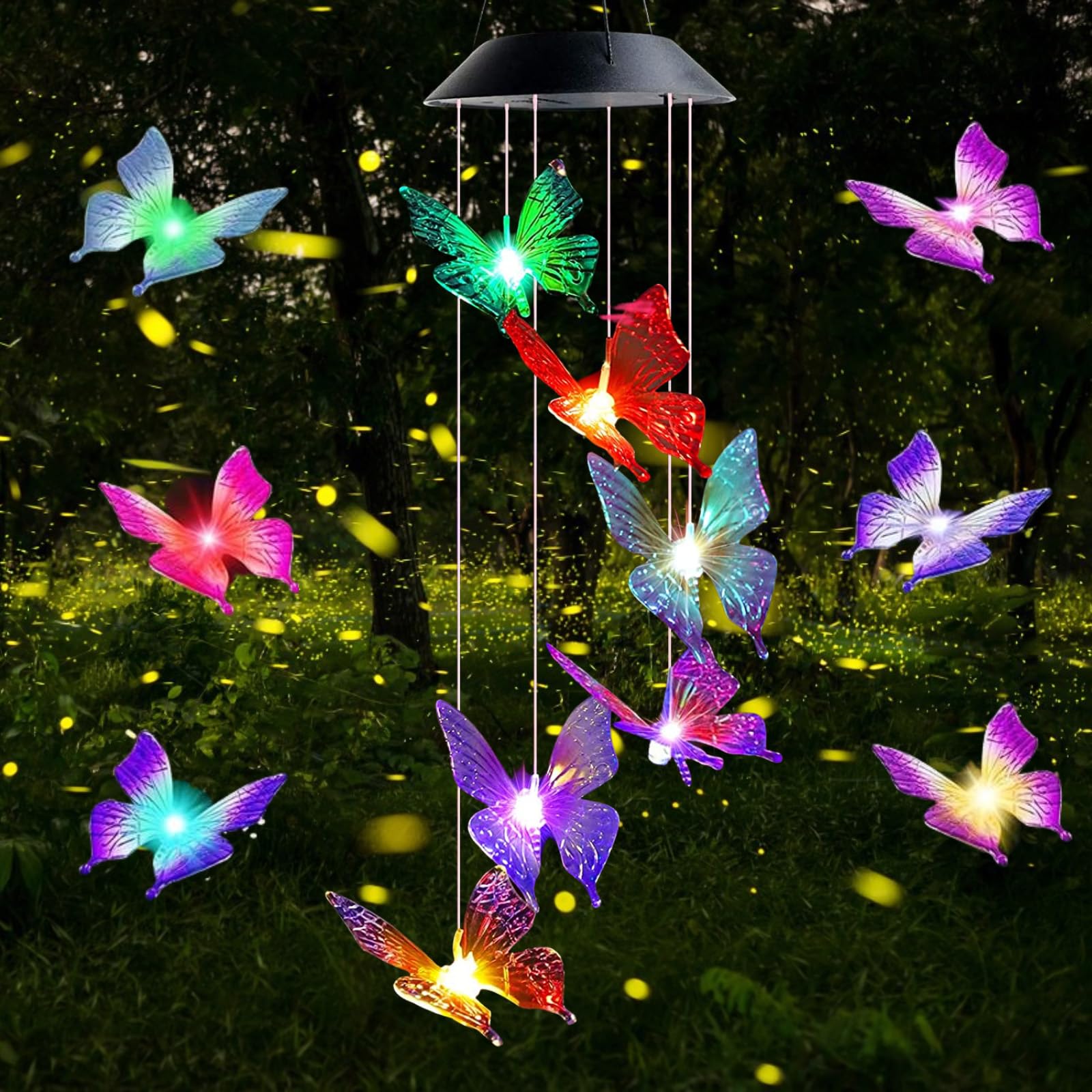 Gerhannery LED Solar Wind Chime Light Mother's Day Gifts Present Spiral Spinner Color Changing Garden Lamp Waterproof Outdoor Decorative Romantic for Patio Yard Garden with Hook (Round) (Butterfly)