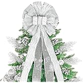 Christmas Tree Topper, 32x12 Inches Large Toppers Bow with Glitter Satin Mesh Streamer, Silve Christmas Tree Topper for Christmas Home Decoration (Silver)