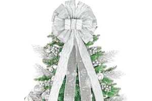 TBD DECOR Christmas Tree Topper, 32x12 Inches Large Toppers Bow with Glitter Satin Mesh Streamer, Silve Christmas Tree Topper for Christmas Home Decoration (Silver)