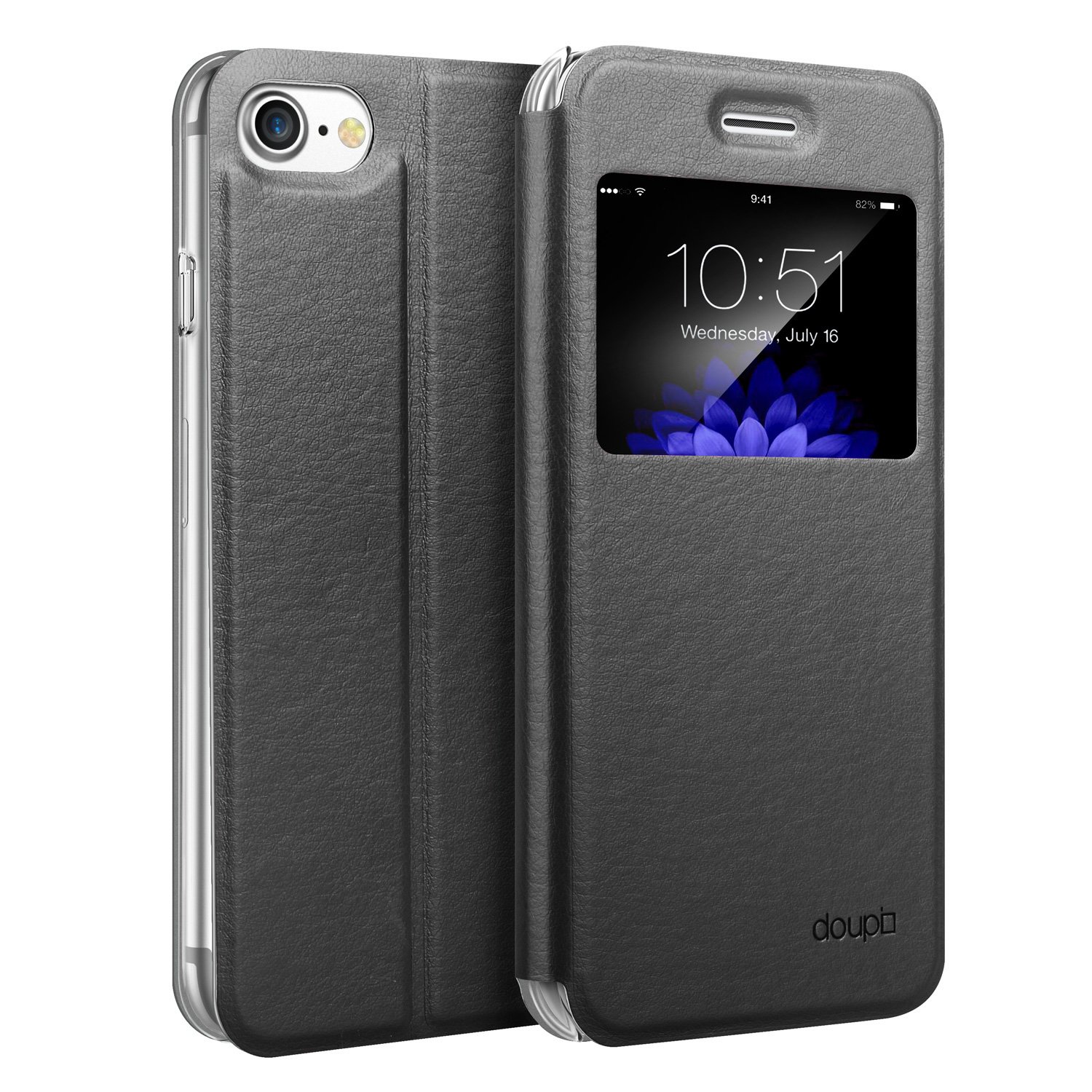 doupi Flip Cover for iPhone 6 6S (4.7 inch), with Viewing Window Magnet Protective Flip Case BookStyle Screen Protector Stand, black