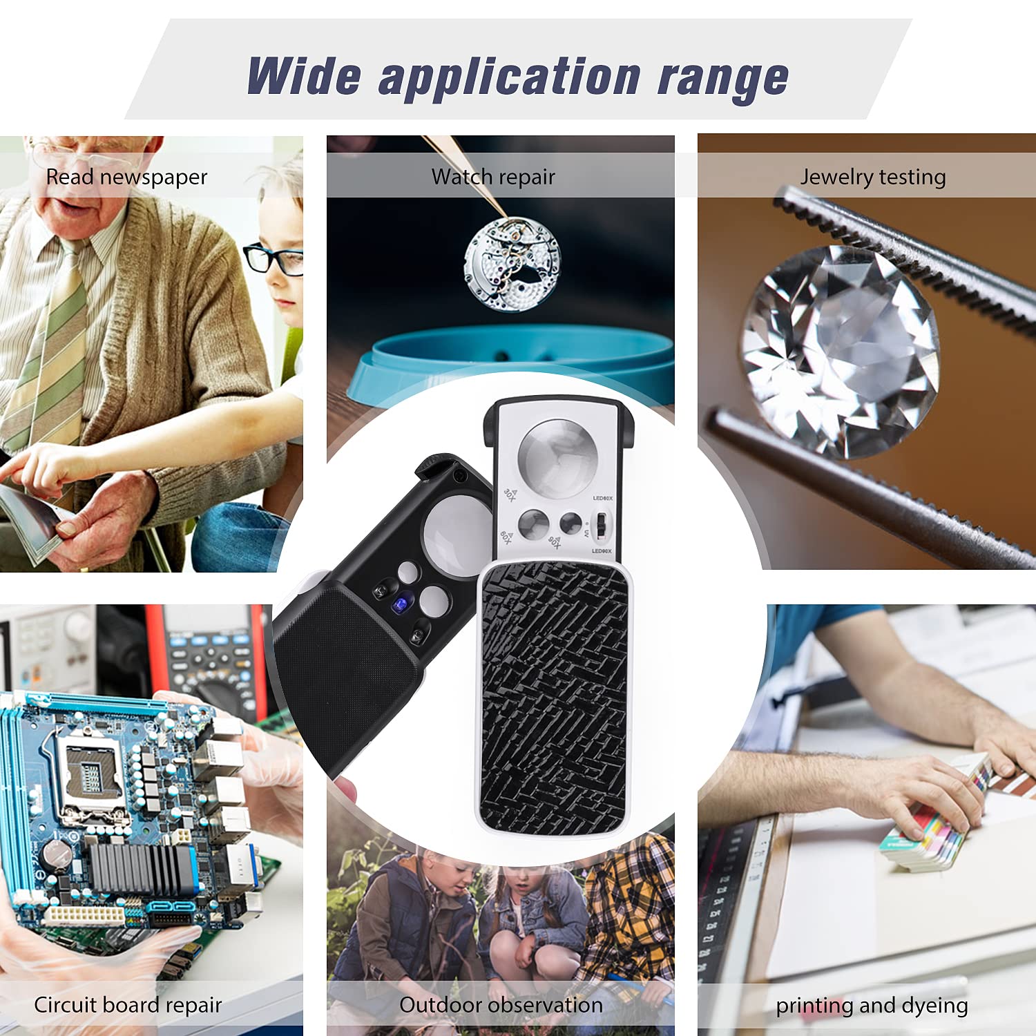 2 Pieces 30X 60X 90X Jewelers Loupe, Slide-Out Lighted Eye Loupe Magnifying Glass with 3 Light for Coins Gems Jewelry Rocks Watches (Black)