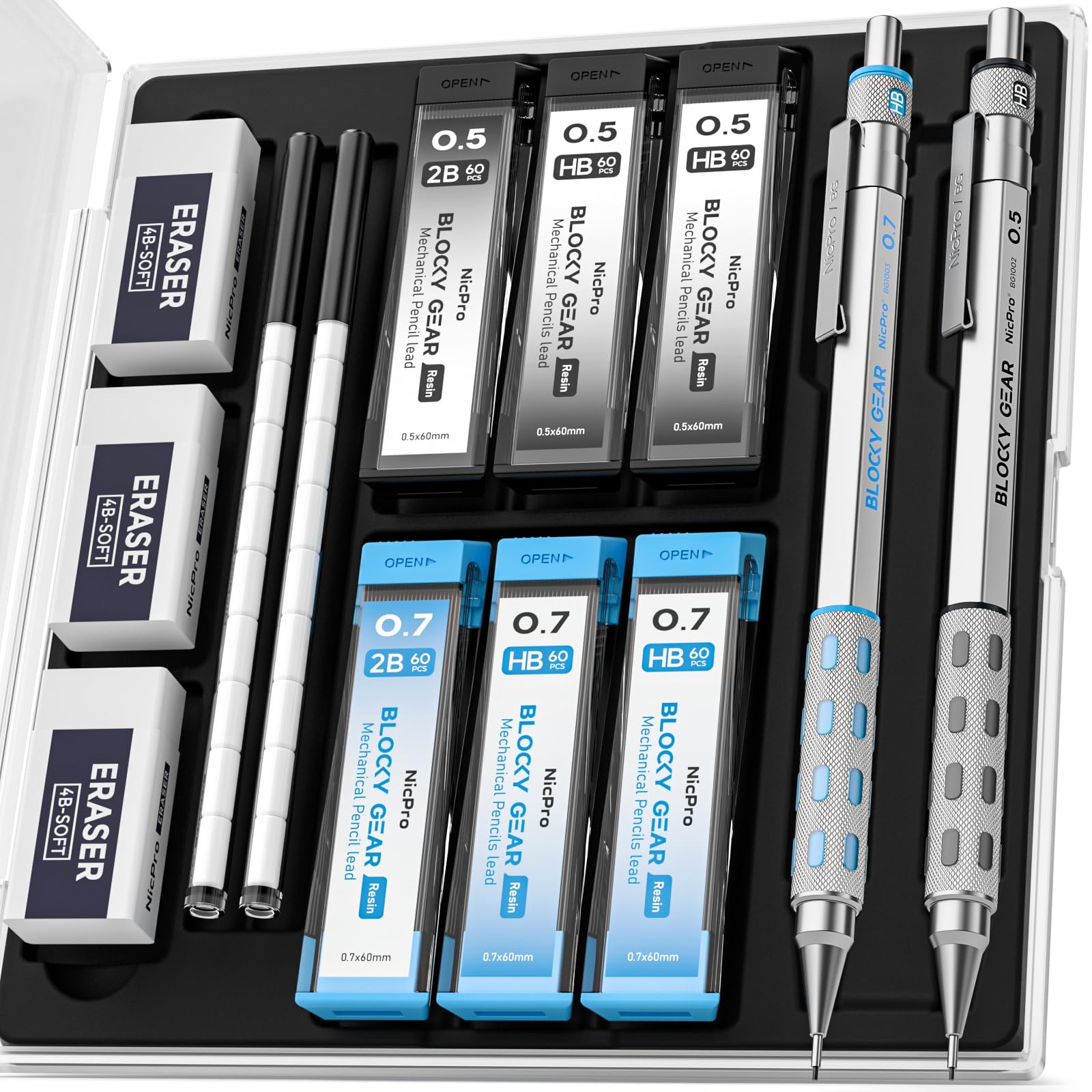 Nicpro 2 Pack Blocky Gear Metal Mechanical Pencils Set with Case, 0.5 mm & 0.7 mm Lead Drafting Pencil with 6 Tube Lead Refills(HB 2B), Erasers, Eraser Refills for Art Writing Drawing Sketching