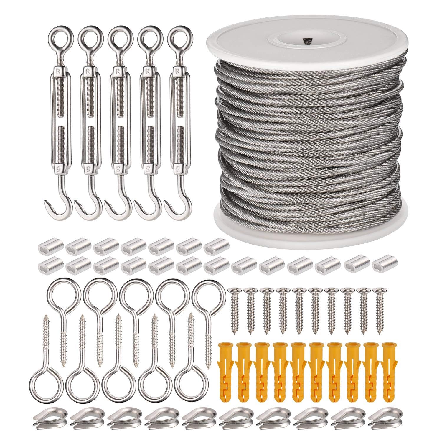 JIZZU 30M 66PCS Garden Wire for Climbing Plants, PVC Coated 304 Stainless Steel Wires, 2mm Garden Wires Heavy Duty with Turnbuckle Tensioner, Wire Rope Kit for Outdoor Hanging, Picture Hanging, Fence