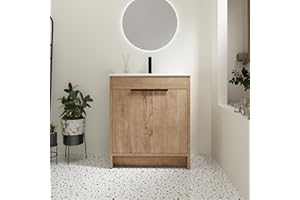 SSLine 30-Inch Bathroom Vanity with Sink Mid-Century Bathroom Vanities with Top Basin Floor Wood Bathroom Sink Cabinet with Soft-Close Doors & Adjustable Storage Shelves (Natural Brown)