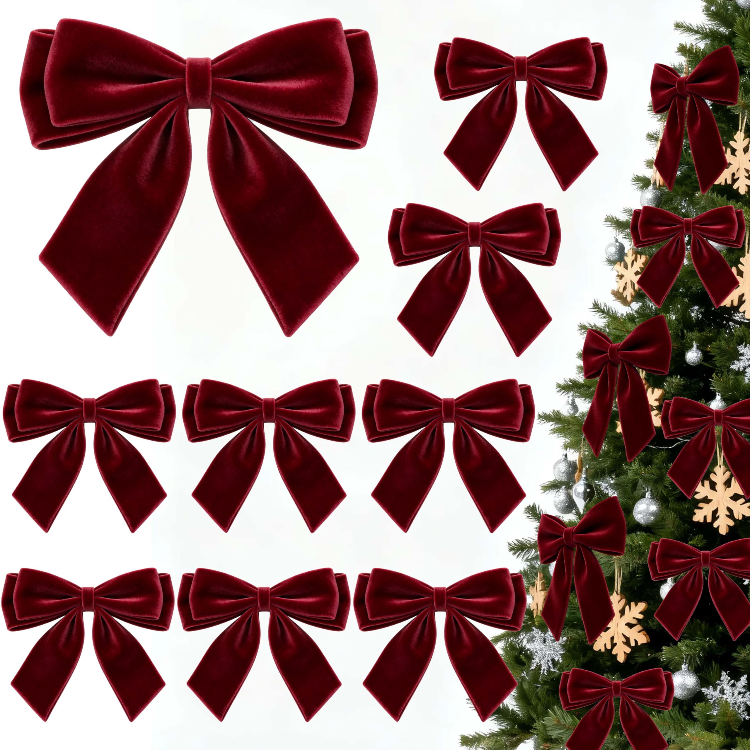 Photo 1 of 12Pcs Velvet Bows for Christmas Tree, Dark Red Bows Christmas Decorations with Twist Tie, Bulk Burgundy Velvet Ornaments for Wreath Garland Gift Wrapping Wedding Champagne Parties Decor, 6*6in